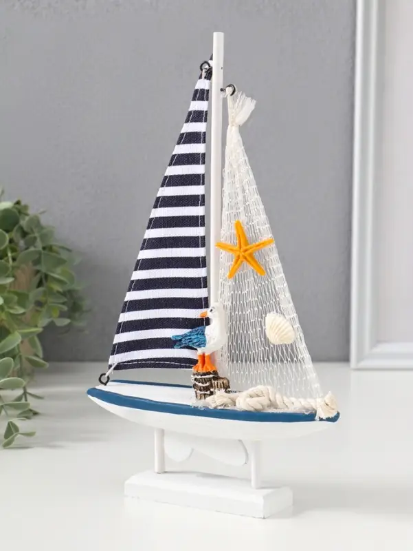 Сувенир дерево "Парусник с чайкой" бело-синий 16,5х4,5х27,5 см