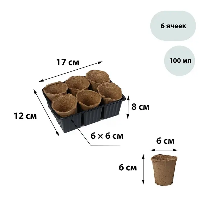 Набор для рассады: торфяной горшок 6×6 см, кассета на 6 ячеек, 17.5×13.5 см, Greengo