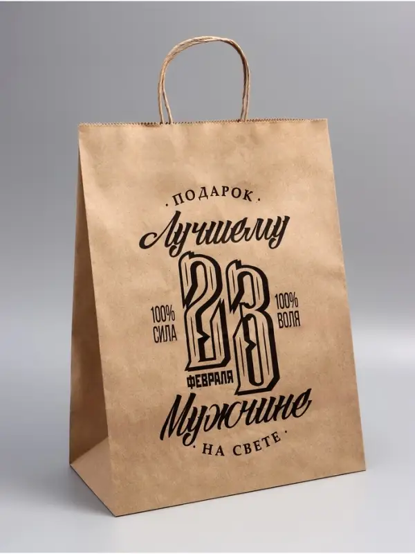 Пакет подарочный бумажный, &laquo;23 Февраля&raquo;, крафт, 26&times;15&times;35 см