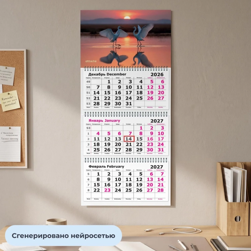 Календарь настенный 3-х блочный 2027 Attache танцующие птицы 305х675мм