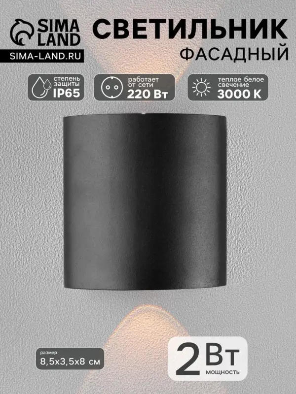 Светильник фасадный &laquo;Полусфера&raquo;, FSD-007, 2 Вт, 3000К, 1 луч, IP65, 220 В, металл, чёрный
