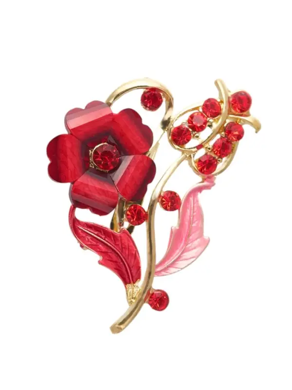 Брошь &laquo;Цветение&raquo;, красная в золоте
