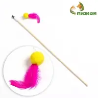 Дразнилка - удочка &laquo;Мячик с перьями&raquo;, на деревянной палочке, цвет МИКС