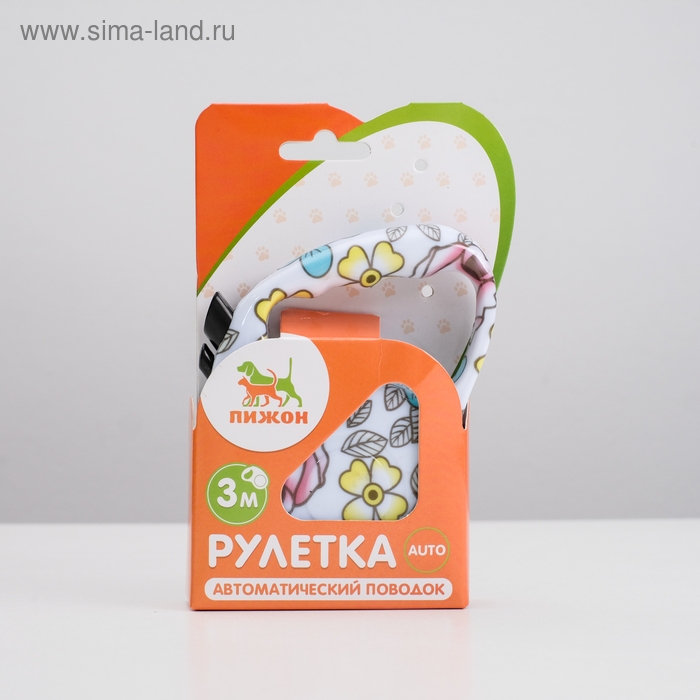 Рулетка с принтом  Рулетка с принтом "Стрим", 3 м, вес животного до 12 кг, расцветка нежные цветы