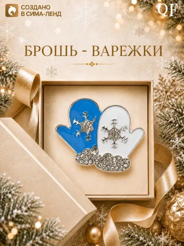 Брошь новогодняя &laquo;Варежки&raquo;, белый, голубая в серебре