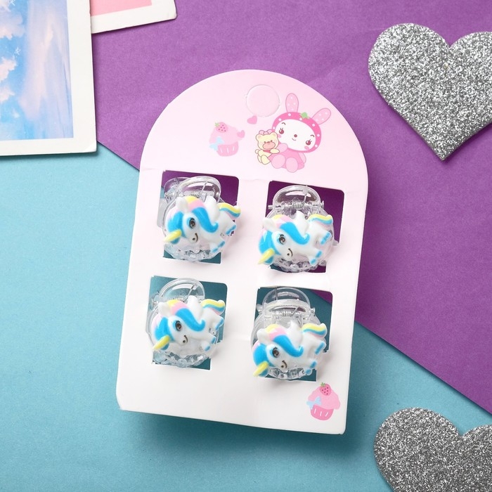 Краб для волос  Краб для волос "Маленькая радость" (набор 4 шт) единорожек, 2 см, бело-голубой