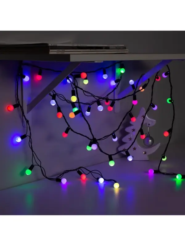 Гирлянда &laquo;Нить&raquo; 10 м с насадками &laquo;Шарики 1.5 см&raquo;, IP44, тёмная нить, 100 LED, свечение мульти (RG/RB), мигание, 220 В