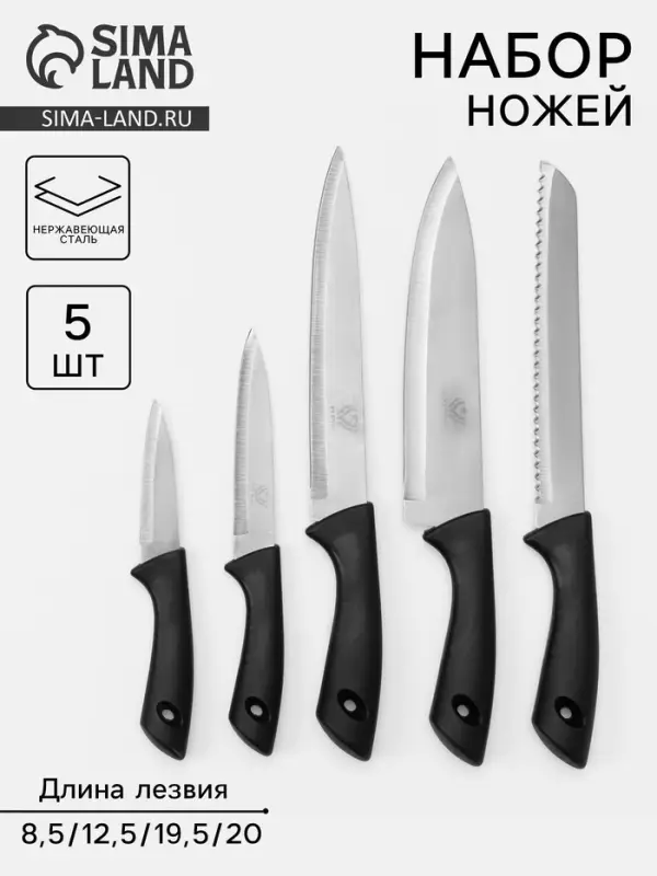 Набор кухонных ножей &laquo;Энеолит&raquo;, 5 предметов: лезвие 8.5 см, 12.5 см, 19.5 см, 20 см, 20 см, чёрный