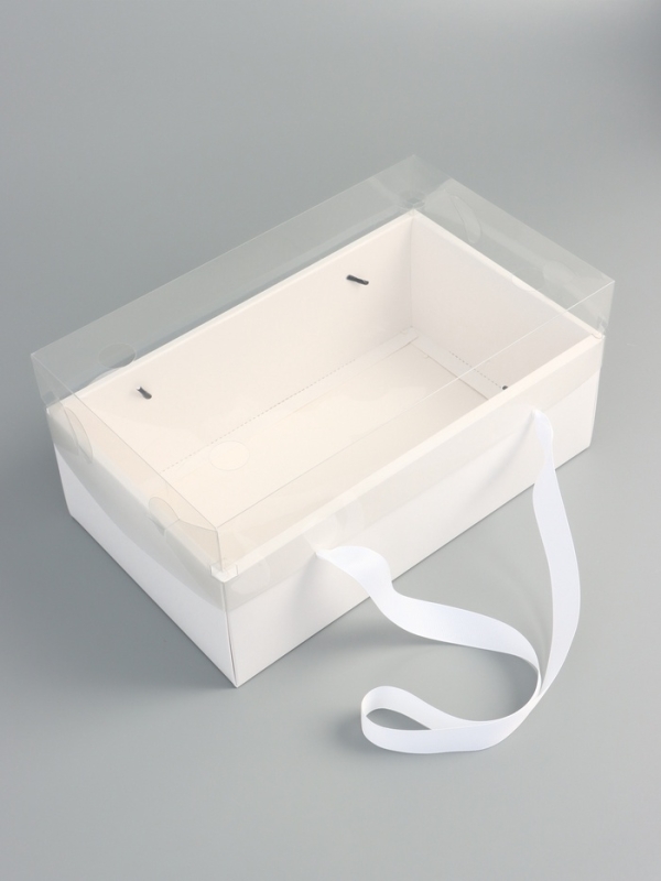 Коробка подарчная с бантом, ручками и прозрачной крышкой 35 х 21 х 15 см Белая