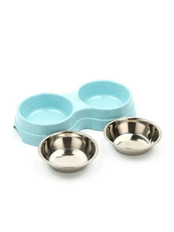 Миска двойная, 2&times;160 мл, 24&times;13&times;4.5 см, на пластиковом основании, металл, голубая