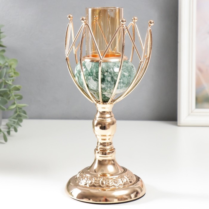 Подсвечник металл на 1 свечу Подсвечник металл на 1 свечу "Бутон. Бело-зелёный мрамор" золото 25х11х11 см