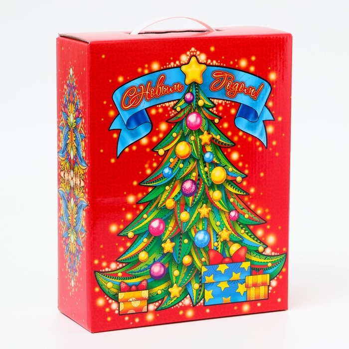 Новый год. Подарочная коробка, Новогодняя "Восточная змея" с пластиковой ручкой 23,5*9,5*30 см.