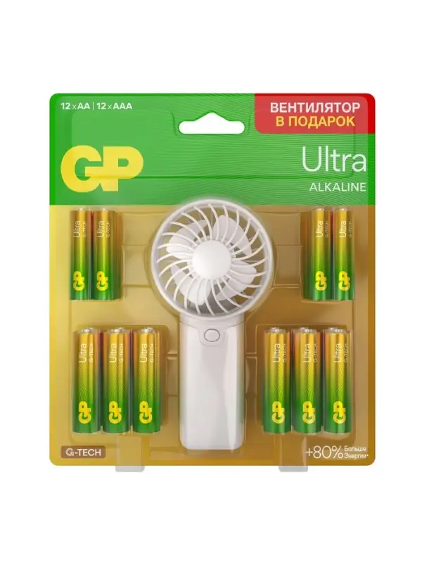 Батарейка алкалиновая GP Ultra, ААА+АА, LR03+LR6-24BL, 1.5В, блистер 12+12 шт., вентилятор