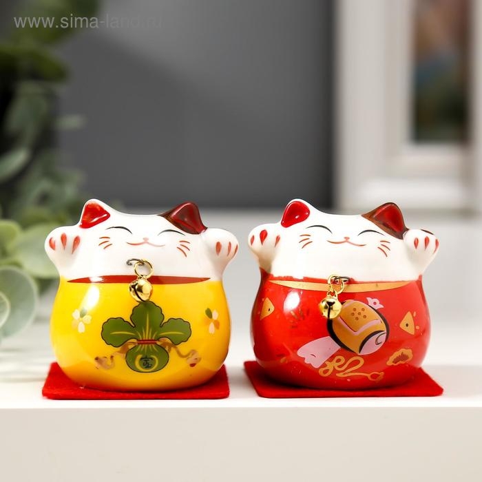 Сувенир керамика Сувенир керамика "Кот Манэки-нэко яркий с колокольчиком" МИКС 5х5,2х4,6 см