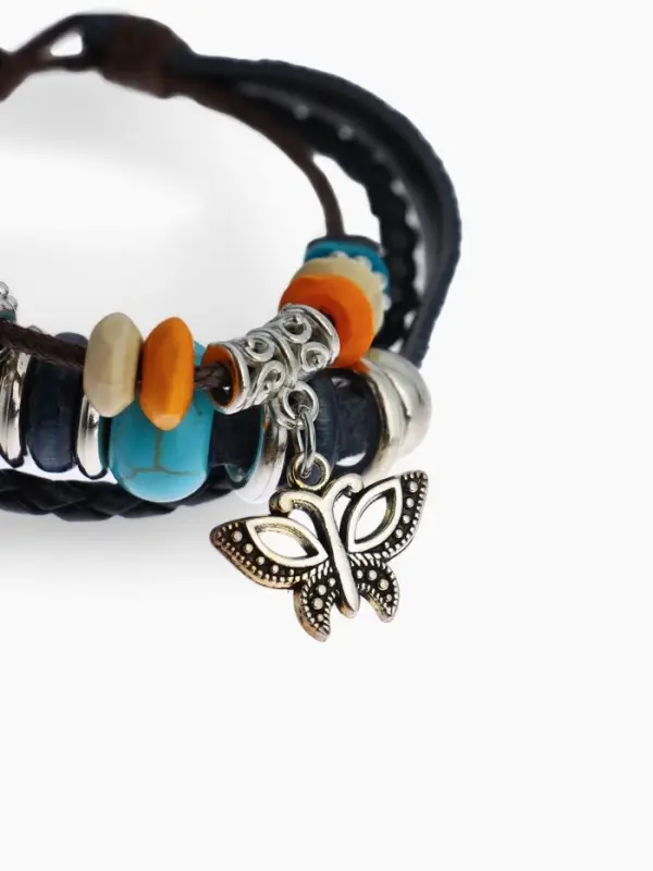 Браслет кожаный с подвеской &laquo;Бабочка и Бусины&raquo;, d=5 см, 3 нити, разноцветный
