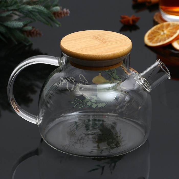 Новый год. Чайник заварочный стеклянный с бамбуковой крышкой «С Новым годом!», 600 мл Новый год. Чайник заварочный стеклянный с бамбуковой крышкой «С Новым годом!», 600 мл