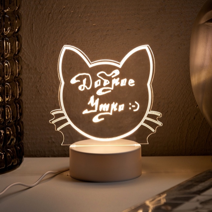 Ночник с маркером для заметок, 13.5x15.5x8.5 см, 5 LED, USB, AAx3(не в компл.), кот, свечение тёплое белое Ночник с маркером для заметок, 13.5x15.5x8.5 см, 5 LED, USB, AAx3(не в компл.), кот, свечение тёплое белое