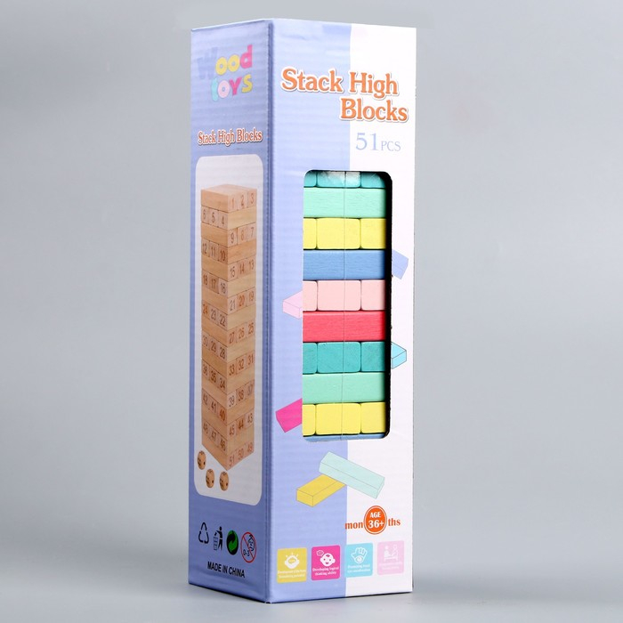 Игра настольная «Падающая башня цветная», 51 шт, 28,5 × 8,5 × 8 см Игра настольная «Падающая башня цветная», 51 шт, 28,5 × 8,5 × 8 см