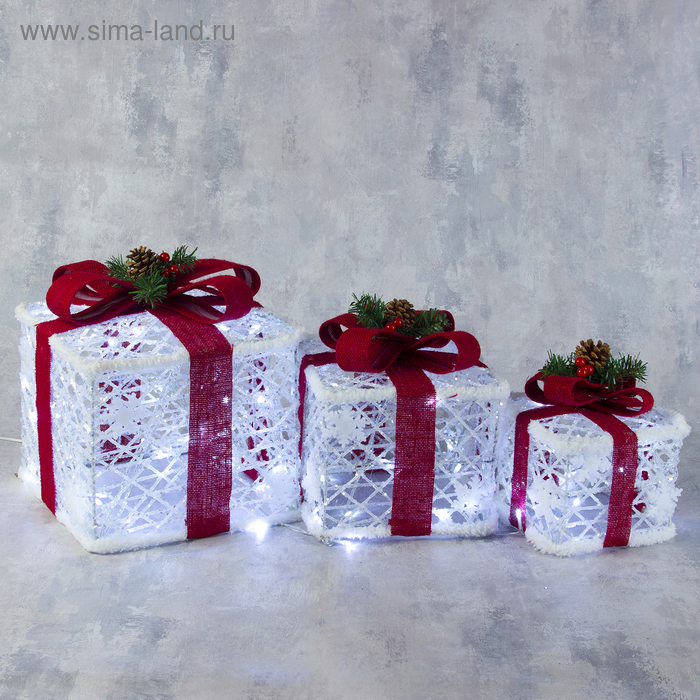 Светодиодная фигура «Подарки с красной лентой» 15, 20, 25 см, текстиль, металл, 220 В, свечение белое Светодиодная фигура «Подарки с красной лентой» 15, 20, 25 см, текстиль, металл, 220 В, свечение белое