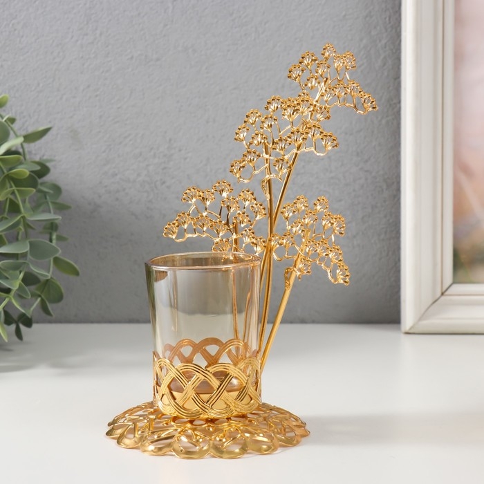 Подсвечник металл, стекло на 1 свечу Подсвечник металл, стекло на 1 свечу "Ветви деревца" d=4,7 см, золото 12,3х13,5х20 см