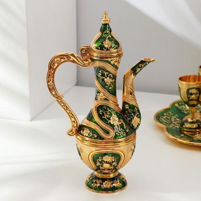 Набор винный кувшин, 6 бокалов и поднос  Набор винный кувшин, 6 бокалов и поднос "Турция. Цветы и узоры" зелёный с золотом