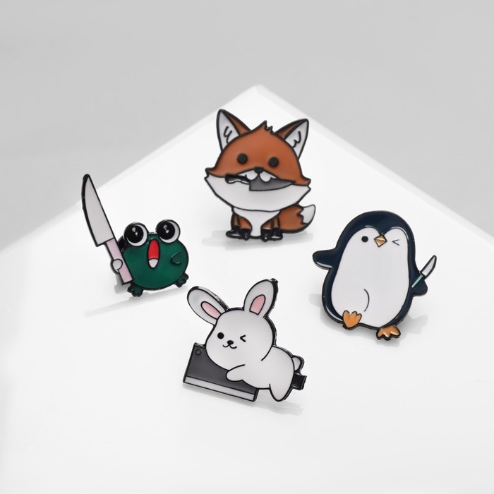 Набор значков (4 шт.) «Опасные зверюшки», цветной в чёрном металле Набор значков (4 шт.) «Опасные зверюшки», цветной в чёрном металле