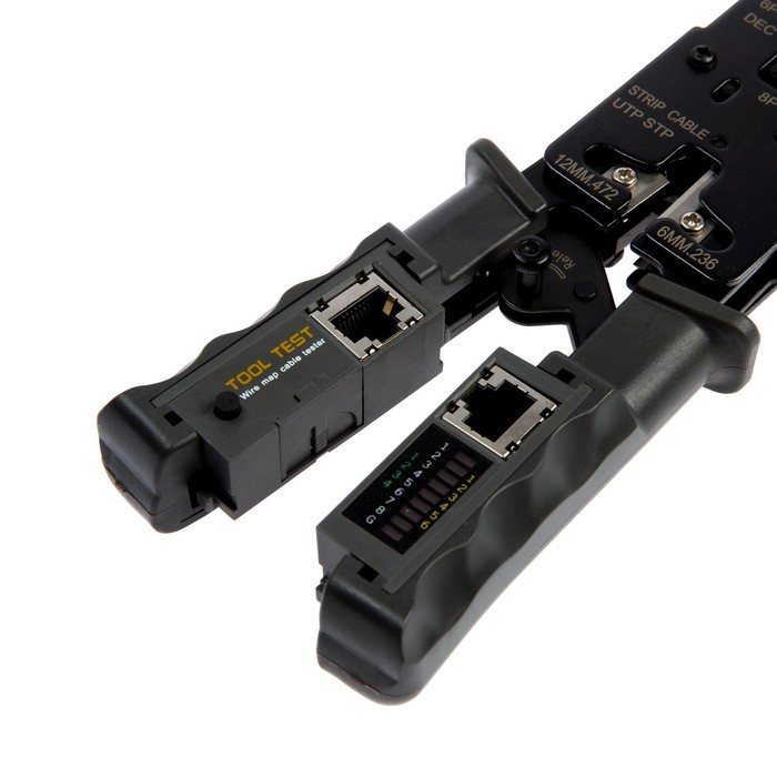 Кримпер-тестер ТУНДРА, с тестером кабеля, RJ-45 8P, RJ-12 6P, RJ-11 4P, вертикальный обжим Кримпер-тестер ТУНДРА, с тестером кабеля, RJ-45 8P, RJ-12 6P, RJ-11 4P, вертикальный обжим