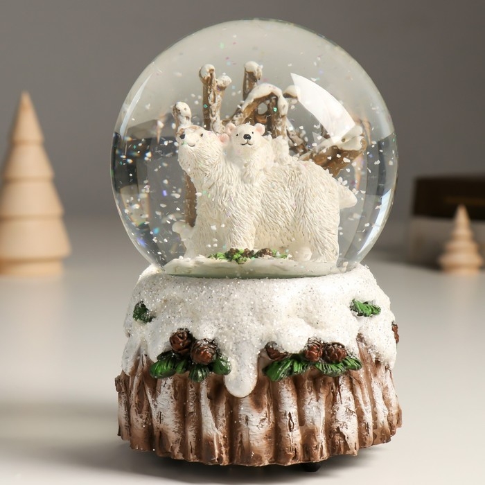 Сувенир полистоун водяной шар музыка механический Сувенир полистоун водяной шар музыка механический "Белые медведи в лесу" 11,5х11,5х14 см