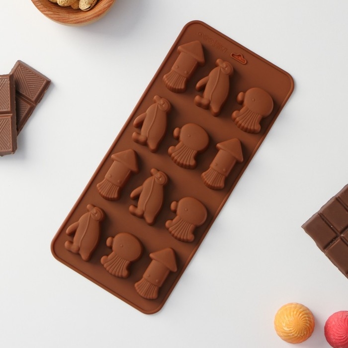 Форма для шоколада Доляна «Пингвины», силикон, 21,5×10×1,5 см, 12 ячеек, цвет коричневый