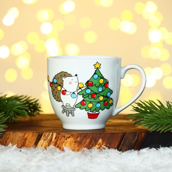 Новый год. Набор из керамики &laquo;Ёжик&raquo;, кружка 180 мл 2 шт, ложка 2 шт, цвет белый