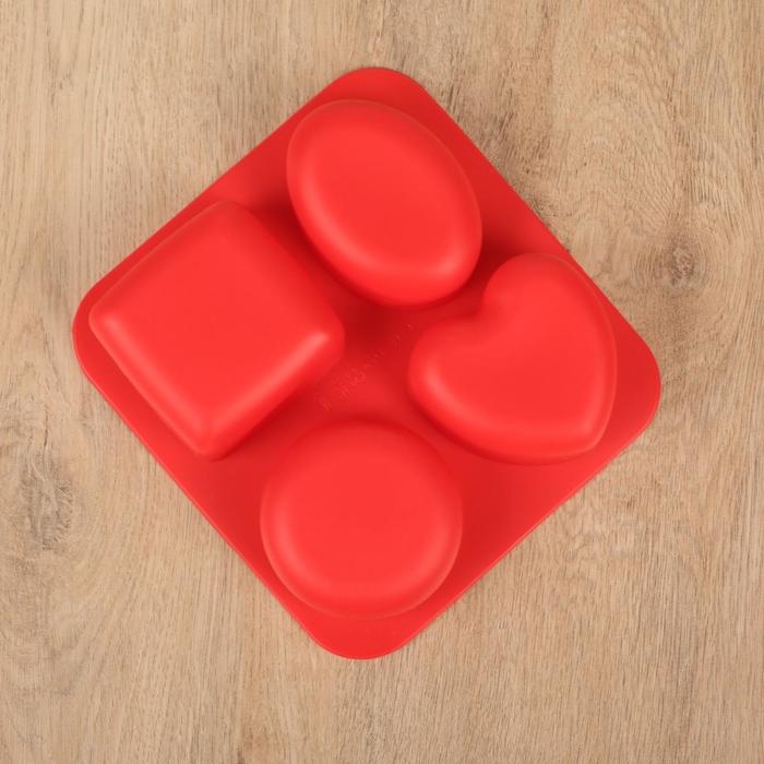 Форма силиконовая для выпечки &laquo;Фигуры и сердце&raquo;, 16&times;17 см, 4 ячейки (7&times;7 см), цвет МИКС