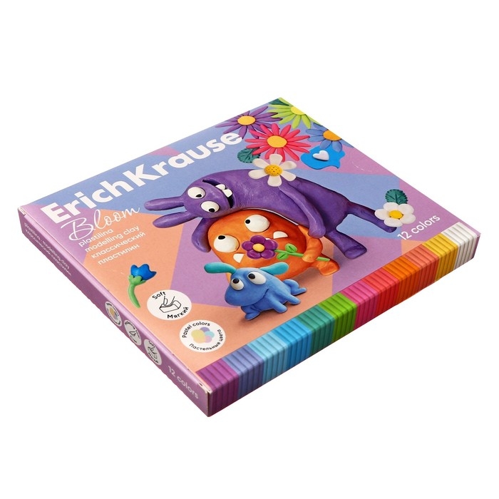 Пластилин 12 цветов, 216 г, ErichKrause Пластилин 12 цветов, 216 г, ErichKrause "Jolly Friends Pastel Bloom", со стеком, в картонной упаковке