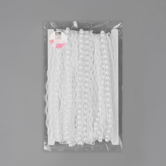 Рюш кружевной, с бусинами, 35 мм, 4,5 ± 0,5 м, цвет белый Рюш кружевной, с бусинами, 35 мм, 4,5 ± 0,5 м, цвет белый