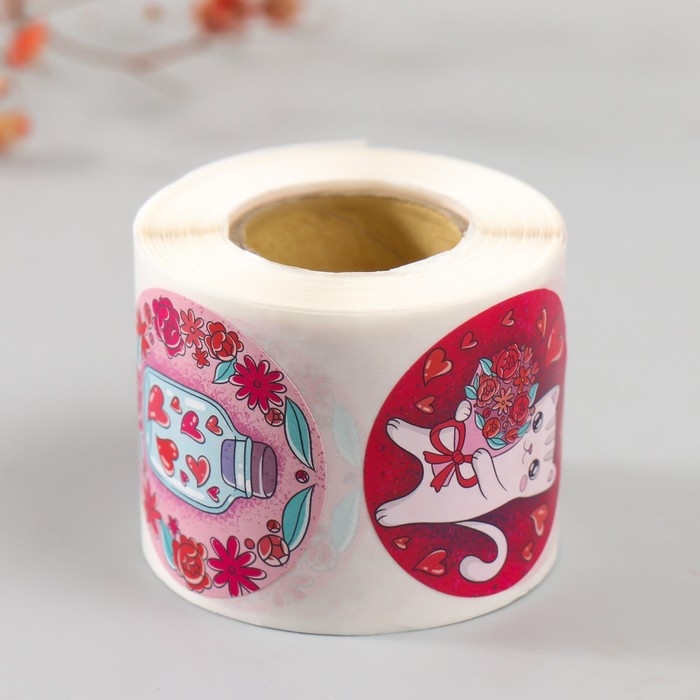 Наклейка бумага Наклейка бумага "Котики и любовь" d=3,8 см 252 шт в рулоне