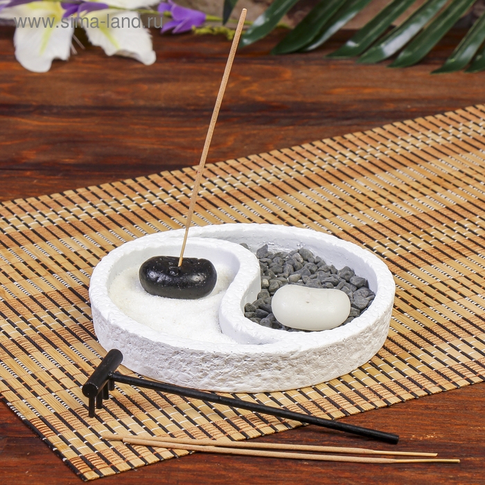 Сад камней Дзен  Сад камней Дзен "Инь-ян" белый, песок белый и чёрный + аромапалочки 3 шт 2,5х15,5х15,5 см