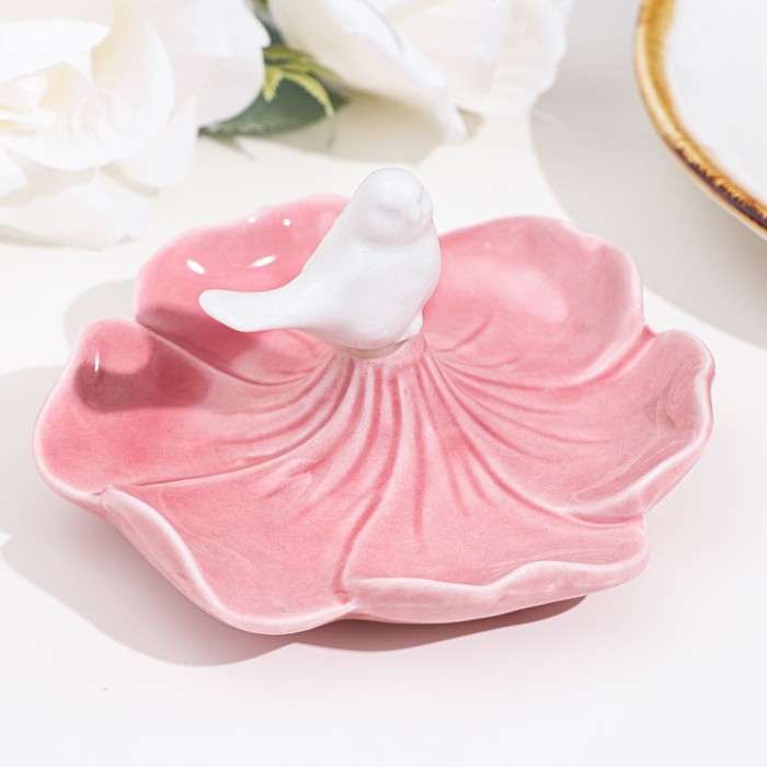 Подставка для колец Подставка для колец "Птичка на цветке", розово-белый, 12х6 см