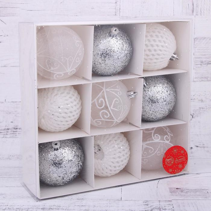 Набор шаров пластик d-8 см, 9 шт Набор шаров пластик d-8 см, 9 шт "Изморозь" сетка, белый серебро