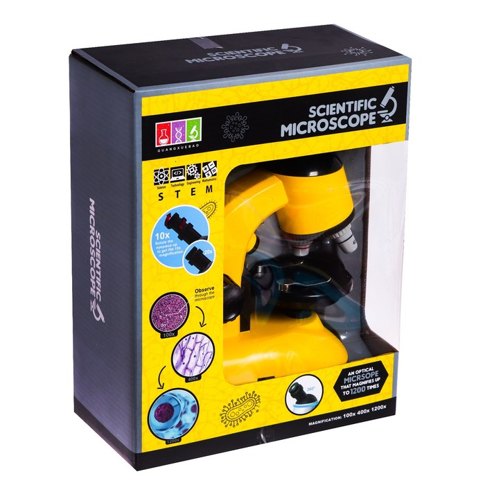 Микроскоп детский «Юный ученый» кратность х100, х400, х1200, подсветка, цвет жёлтый Микроскоп детский «Юный ученый» кратность х100, х400, х1200, подсветка, цвет жёлтый