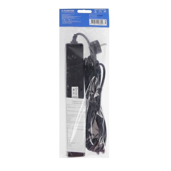 Сетевой фильтр 5bites SP6B-250 6S, 6 розеток, 5 м, 10 А, 3х0.75 мм2, с з/к, с выкл., черный