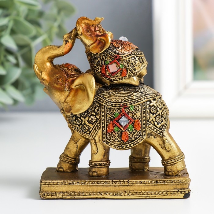 Сувенир полистоун Сувенир полистоун "Слонёнок на слонихе" на подставке бронза 8х4х10 см