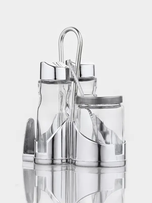 Набор для специй Доляна &laquo;Стиль&raquo;, 3 предмета: сахарница с ложкой 80 мл, солонка и перечница 50 мл, подставка-салфетница, стекло, прозрачный