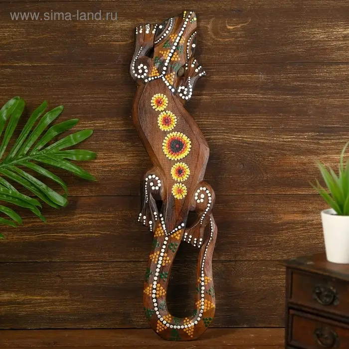 Панно настенное  Панно настенное "Геккон с цветочным узором" дерево 1x12x50 см