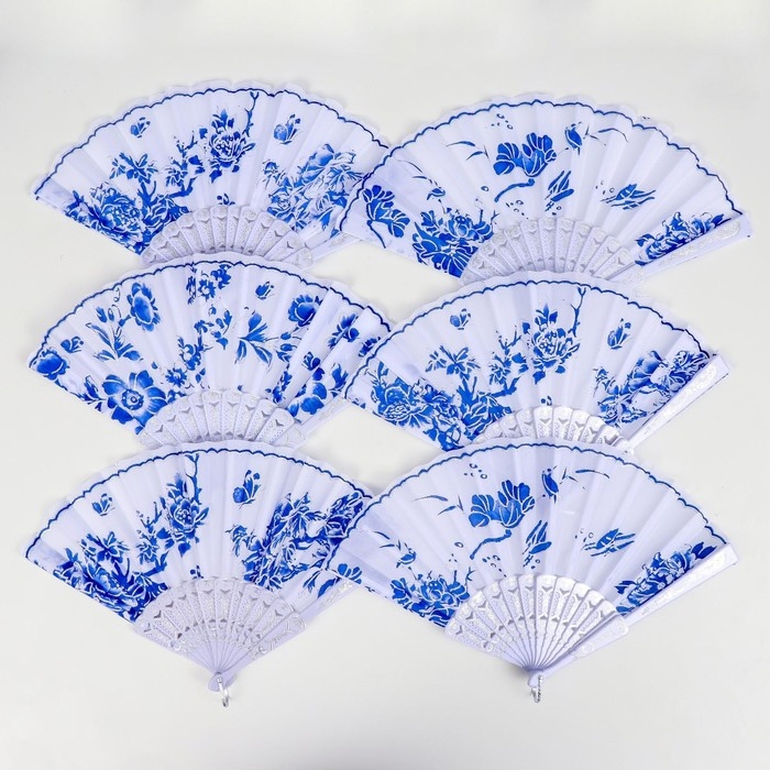 Веер пластик, текстиль  Веер пластик, текстиль "Синий рисунок на белом" МИКС 23 см