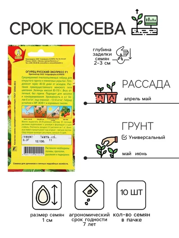 Семена Огурец Семена Огурец "Русский экспресс" F1, среднеранний, пчелоопыляемый, 10 шт.