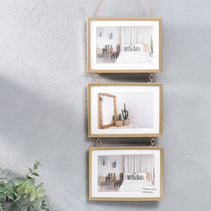 Фоторамка металл на 3 фото 10х15 см  Фоторамка металл на 3 фото 10х15 см "Лофт. Строгие линии" золото, паспарту 44х18,5 см