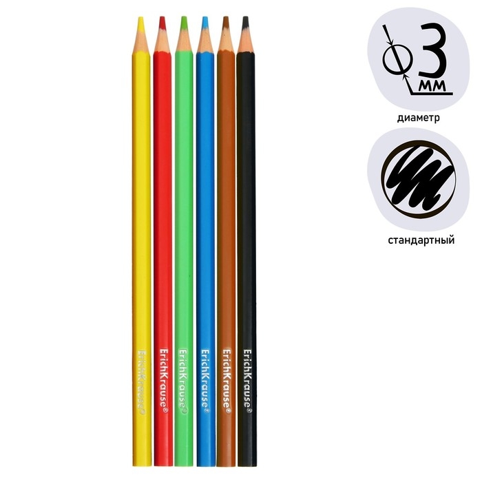 Карандаши 6 цветов ErichKrause Standart, дерево, шестигранные, 3.0 мм грифель, картонная упаковка, европодвес Карандаши 6 цветов ErichKrause Standart, дерево, шестигранные, 3.0 мм грифель, картонная упаковка, европодвес