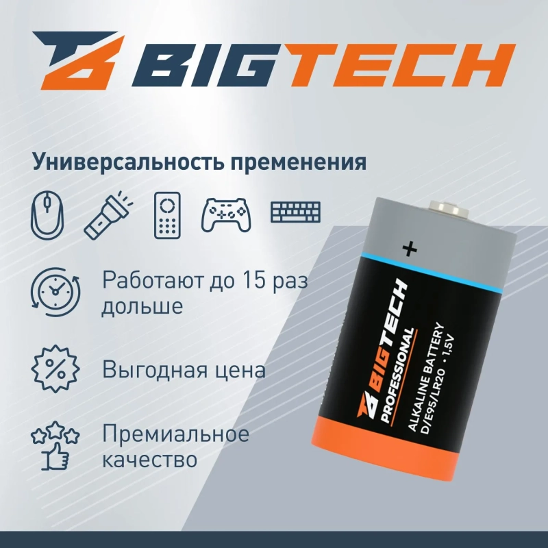 Батарейка BigTech Professional D/E95/LR20 бл/2шт