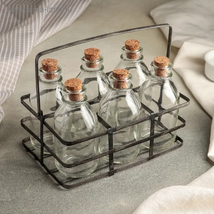 Набор бутылей стеклянных для специй на подставке «Парфе», 170 мл, 18,5×12,5×12 см, 6 шт Набор бутылей стеклянных для специй на подставке «Парфе», 170 мл, 18,5×12,5×12 см, 6 шт