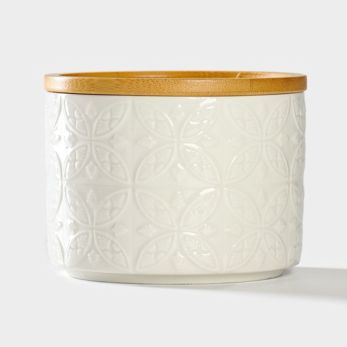 Банка для хранения сыпучих продуктов BellaTenero «Листья», 330 мл, d=10 см, с бамбуковой крышкой, фарфоровая, цвет белый