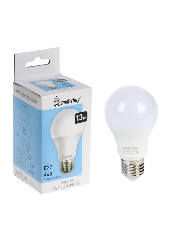 Лампа светодиодная Smartbuy, E27, A60, 13 Вт, 6000К, свечение холодное белое